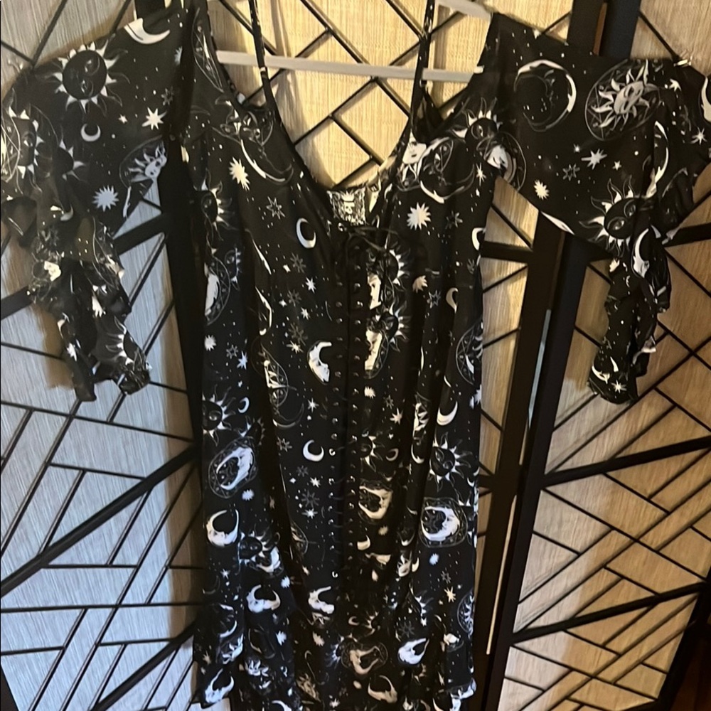 Killstar Moon & Stars Celestial Print Cold-Shoulder Sheer Asymmetrical Dress XL